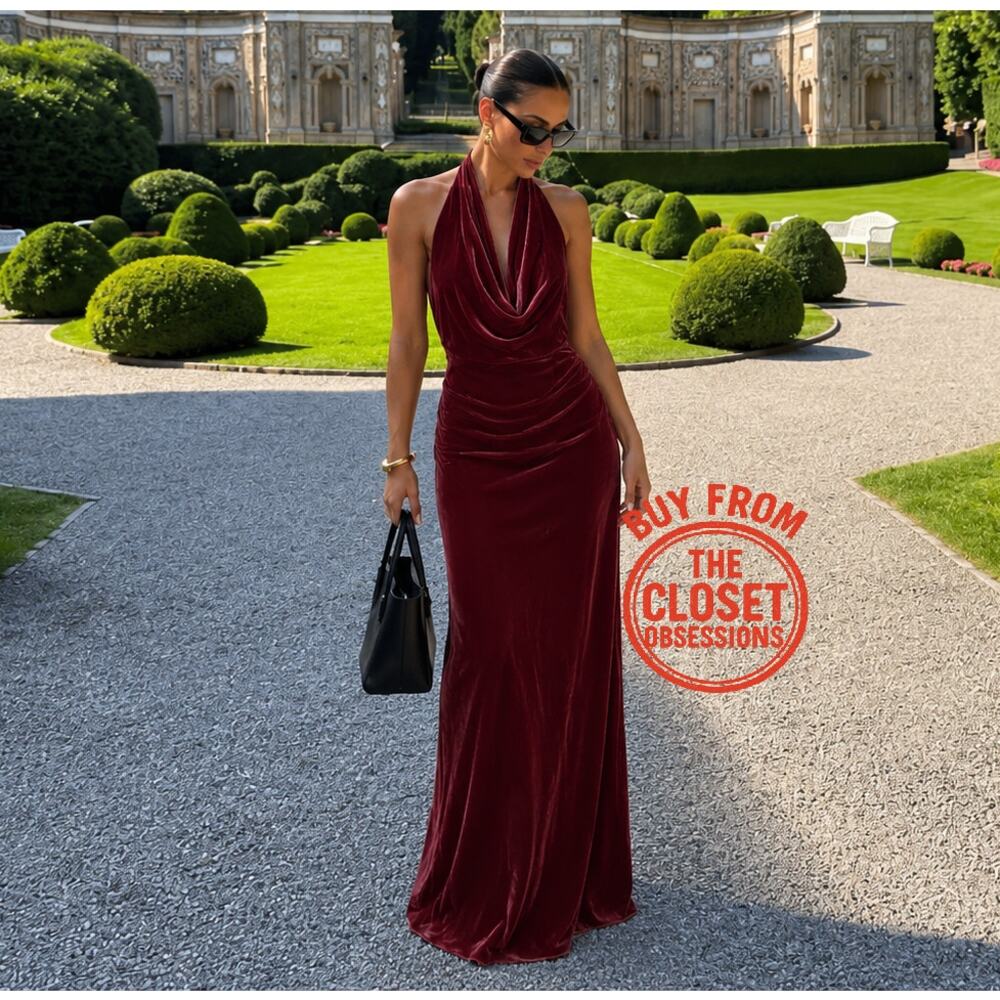 Zara NWT Raspberry Velvet Halter Open Back Maxi Dress M - Picture 9 of 16